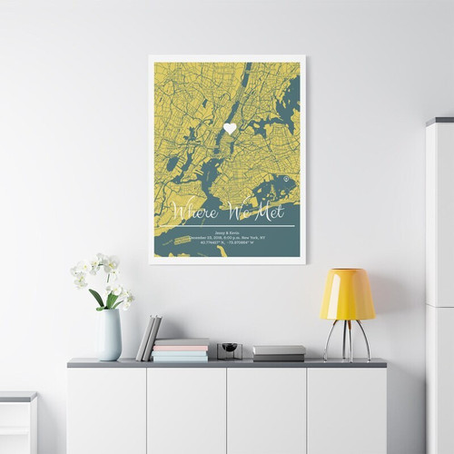 Where We Met map canvas personalized with couple's names, date, and coordinates, portrait layout—romantic anniversary gift | Family Wall Decor