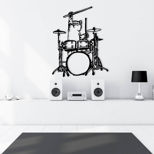 Geometric cat drumming metal sign wall art for music lovers, musical decor for living room or studio, minimalist line art | Family Wall Decor
