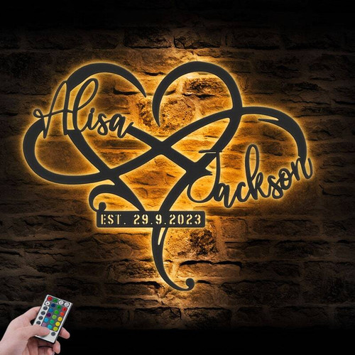 Infinity heart metal sign with LED light, personalized names and established date, warm white glow, modern wedding home decor | Family Wall Decor