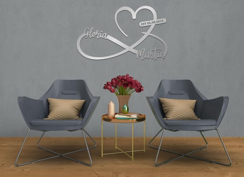 Infinity heart metal wall art with custom names and established date, perfect wedding or housewarming gift decor | Family Wall Decor
