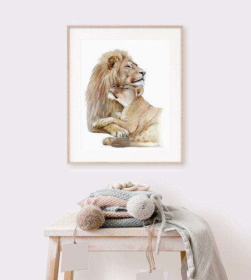 Lion family canvas art with lions and cubs in a tender scene, a romantic Valentine’s gift or wedding present for couples | Familywalldecor