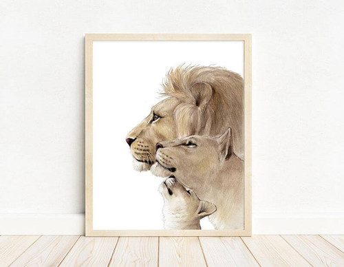 Lion family canvas wall art, watercolor portrait in soft neutrals, portrait orientation, for safari nursery decor | Familywalldecor