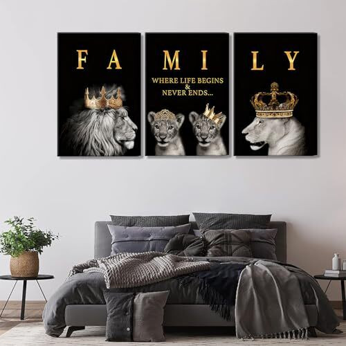 Lion family regal portrait canvas set in warm earthy tones, triptych wall art for modern bedroom or office decor | Familywalldecor