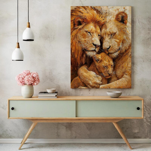 Lion family oil painting canvas wall art, textured wildlife scene with parents and cubs, perfect for living room decor | Family Wall Decor