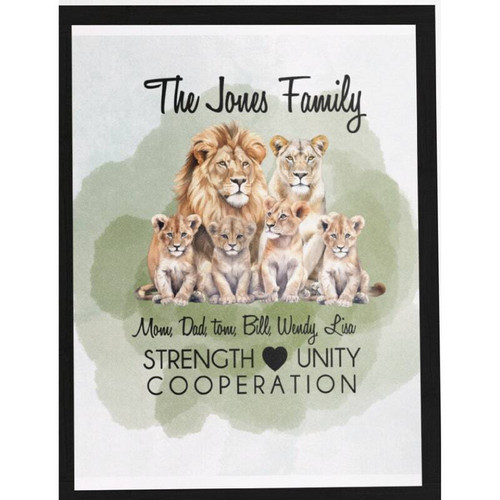 Watercolor lion family canvas wall art, parent and cubs in warm earth tones, custom names, living room, Mother’s Day gift | Family Wall Decor