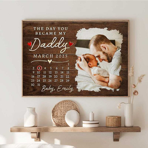 First Father's Day canvas wall art gift from baby with photo frame opening, personalized names and date for nursery decor | Family Wall Decor