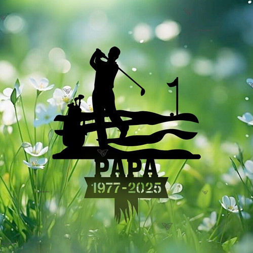 Golf memorial metal garden stake sign for Dad, personalized with name and dates, cutout clubs and flag, graveside decor | Familywalldecor