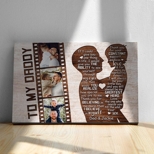 Dad hero-themed father–son canvas print, personalized with names, a heartfelt Father’s Day gift from son, portrait. | Family Wall Decor
