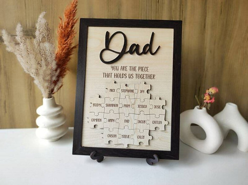 Father's Day puzzle wooden sign personalized with children's names and message; rustic plaque gift for Dad's mantel or office | Familywalldecor