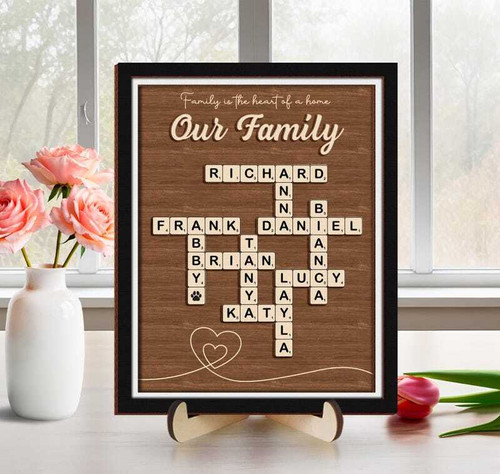 Family name crossword wooden sign in Scrabble tile style, personalized with custom names, rustic wall decor for living room | Family Wall Decor
