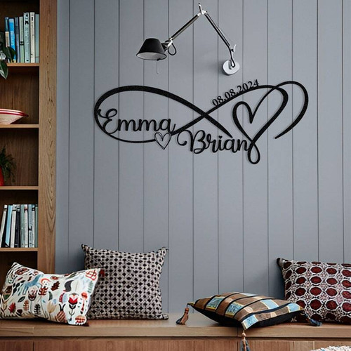 Infinity heart metal sign with custom names and date, romantic wall decor for wedding gift, matte black horizontal design | Family Wall Decor