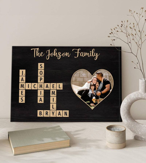 Family puzzle canvas wall art personalized with last name and family names, custom decor for the family room, landscape layout | Family Wall Decor