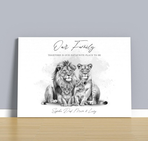 Lion family canvas art, custom names on rustic neutral background, perfect living room wall decor for a cozy family home. | Familywalldecor