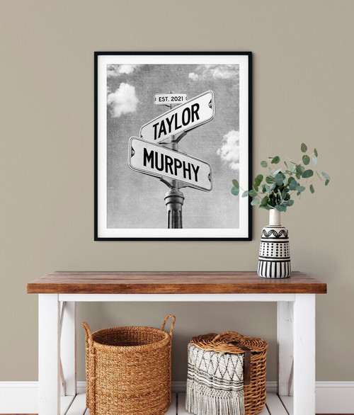 Custom street sign canvas featuring intersecting signs with personalized couple names and wedding date, perfect newlywed gift | Familywalldecor