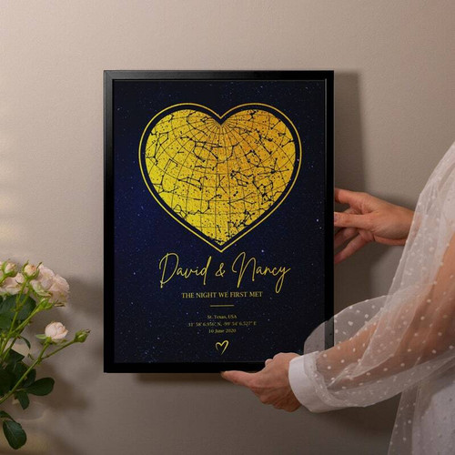 Where We Met map canvas with custom names, date, and heart marker on city map, a romantic anniversary gift for couples | Familywalldecor