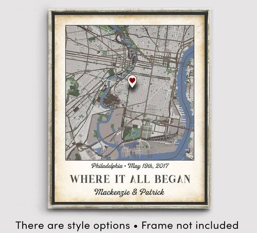Where We Met map canvas personalized with couple names and date, heart marking your first place; Christmas gift for partner | Family Wall Decor