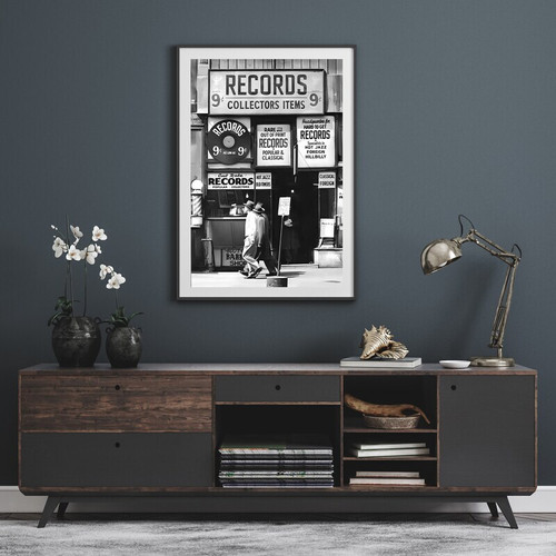 Vintage record shop canvas wall art with retro vinyl stacks and signage, living room decor for music lovers, warm tones | Family Wall Decor