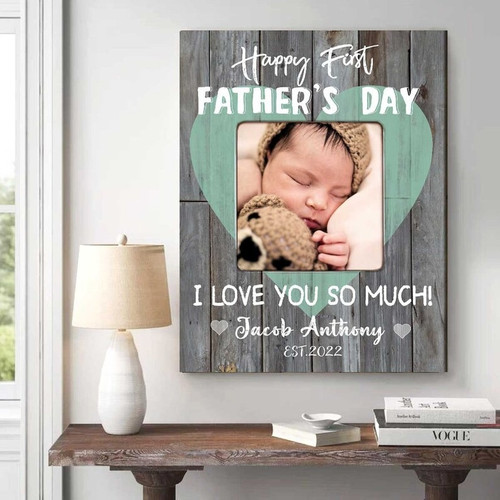 First Father's Day personalized canvas gift from baby, custom name and date with heart detail, portrait layout for new dad | Familywalldecor