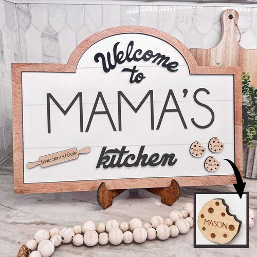 Mother's Day rustic wooden kitchen sign personalized with kids' names, farmhouse wall decor for Mom, horizontal hanging | Familywalldecor