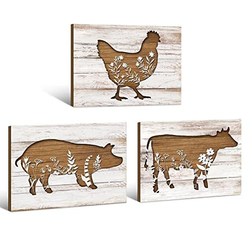 Farmhouse animal wooden wall sign set for kitchen decor, rustic plank with cow, rooster, and pig silhouettes in country style | Familywalldecor