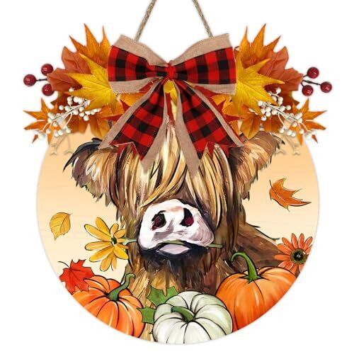 Autumn Highland cow wood sign for outdoor porch decor with cozy fall plaid accents and maple leaves in rustic farmhouse style | Family Wall Decor UK