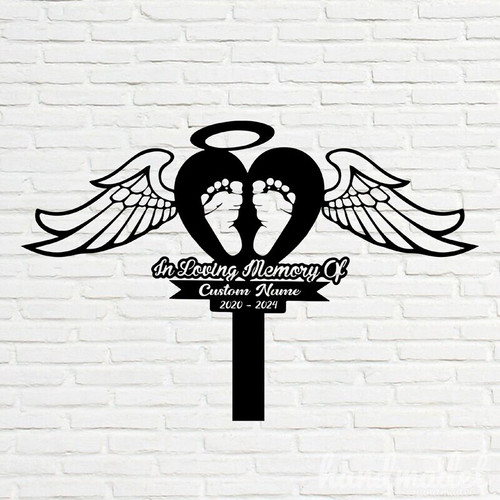 Baby footprints memorial metal garden stake with heart motif, weather-resistant yard marker for remembrance in flower beds | Familywalldecor