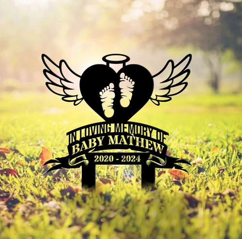 Baby remembrance memorial stake metal sign with footprints for garden, custom name and dates for a heartfelt outdoor tribute | Familywalldecor