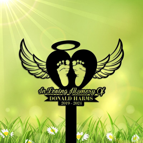 Baby footprints memorial metal sign with heart wings, personalized with name and date; sympathy gift for infant loss. | Family Wall Decor