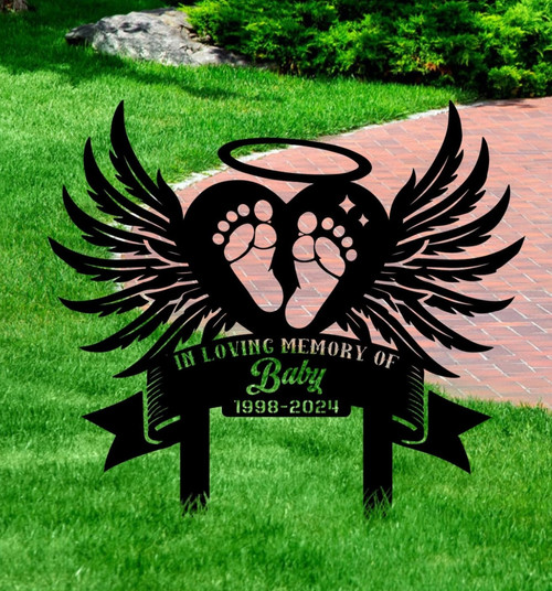 Baby footprints memorial metal sign for garden decor, weather-resistant outdoor tribute sign with heartwarming design | Familywalldecor