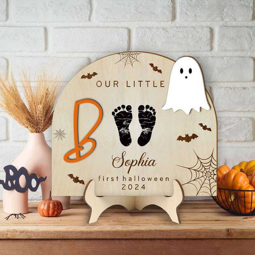 Baby footprints wood sign for newborn's first Halloween, personalized with name and date; engraved nursery wall decor and keepsake gift. | Family Wall Decor
