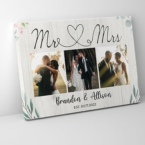 Mr and Mrs wall decor canvas personalized with couple names and wedding date, horizontal design for bride and groom gifts | Family Wall Decor