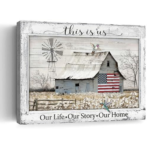 Rustic windmill canvas wall art with vintage barn and weathered flag, adding farmhouse charm to living room decor | Family Wall Decor