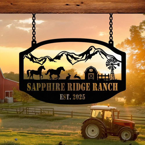 Animal farm metal sign personalized with farm name and established date, rustic outdoor gate decor for farmers, cut metal. | Family Wall Decor