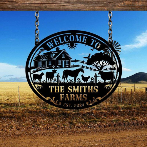 Farm animal metal sign, round black steel, custom family name and established year for farmhouse wall decor; gift for farmers | Family Wall Decor