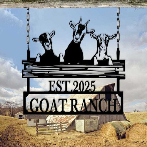 Goat ranch metal sign personalized with farm name and established year, custom animal barn decor, thoughtful gift for Dad | Family Wall Decor