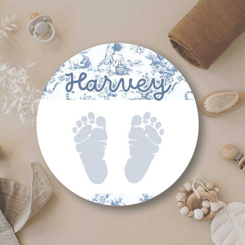 Winnie-the-Pooh nursery door sign with baby footprints, custom name and birth date for newborn birth announcement decor | Family Wall Decor