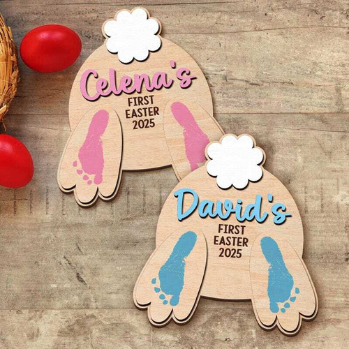 Easter baby footprints wooden plaque with laser-engraved name and date, pastel bunny and egg accents, nursery wall decor gift | Familywalldecor