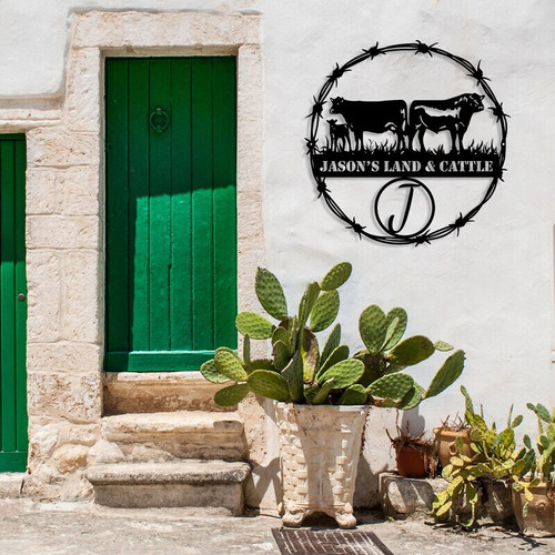 Cow and calf ranch sign, personalized with ranch name and established date, round black metal design for outdoor gate or fence decor | Family Wall Decor