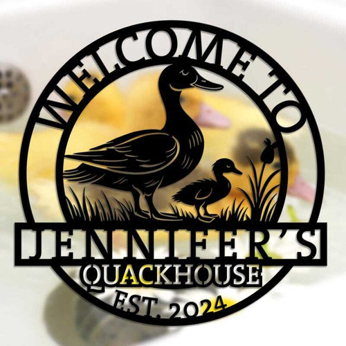 Duck farmhouse metal sign, personalized wall decor with laser-cut duck silhouette and custom name, rustic farm animal accent | Family Wall Decor