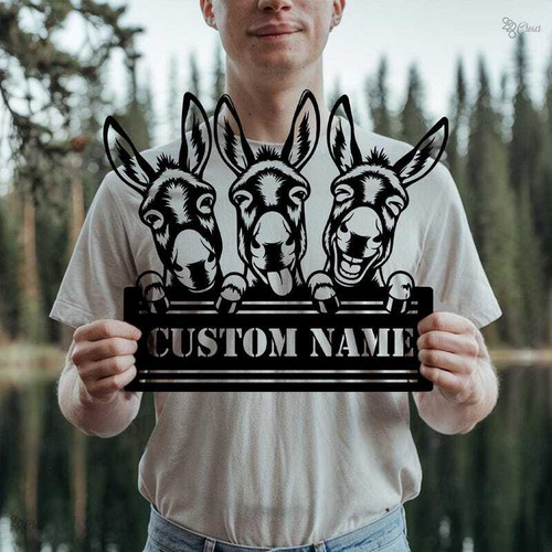 Donkey barn sign personalized with farm name, rustic wood look for farmhouse decor, horizontal plank design for stable | Family Wall Decor