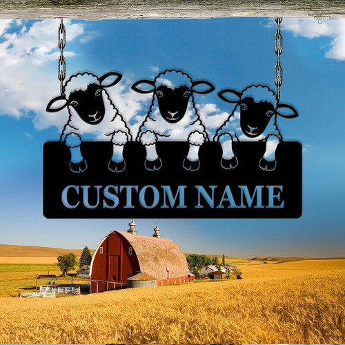 Sheep farm metal sign personalized with family name and est. date, rustic black steel barn decor with ewe and lamb silhouette | Family Wall Decor