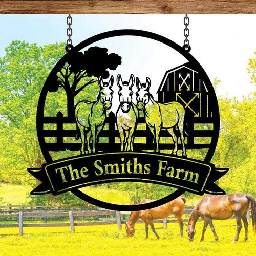 Donkey farm sign for outdoor ranch decor, personalized with farm name and established date, rustic metal silhouette, rectangular | Family Wall Decor