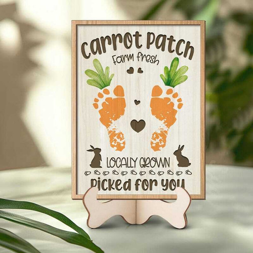 Easter carrot patch farm sign baby footprints wall art, rustic farmhouse style for nursery decor with footprint carrots | Family Wall Decor