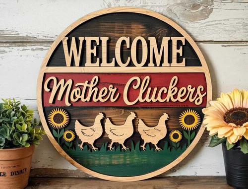 Humorous Welcome Mother Cluckers Chicken Sign - Rustic Animal Farm Porch DéCor With Sunflowers | Family Wall Decor