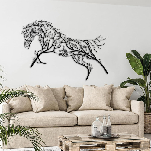 Geometric horse and tree metal wall art, farmhouse-style accent for home office decor, cutout metal silhouette, rustic style | Family Wall Decor