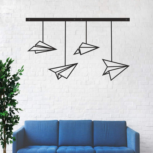 Geometric paper plane metal wall art, minimalist line sculpture for modern living room decor in matte black finish | Family Wall Decor