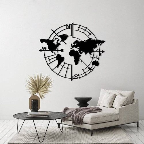 Geometric world map metal wall art in minimalist metal sign style for living room wall decor or stylish home office | Family Wall Decor