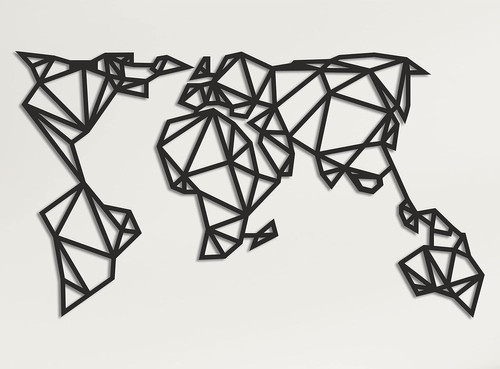 3D geometric world map silhouette metal wall art, layered design for modern home office decor, sleek metal map sculpture | Family Wall Decor