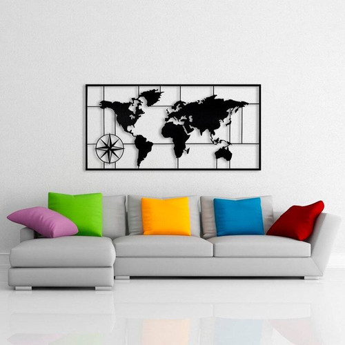 Geometric world map metal sign, modern minimalist wall art for living room, matte black finish, wide landscape, 2024 design | Family Wall Decor
