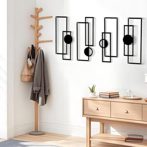 Contemporary geometric metal wall art set with abstract line shapes, minimalist multi-panel design for living room decor | Familywalldecor
